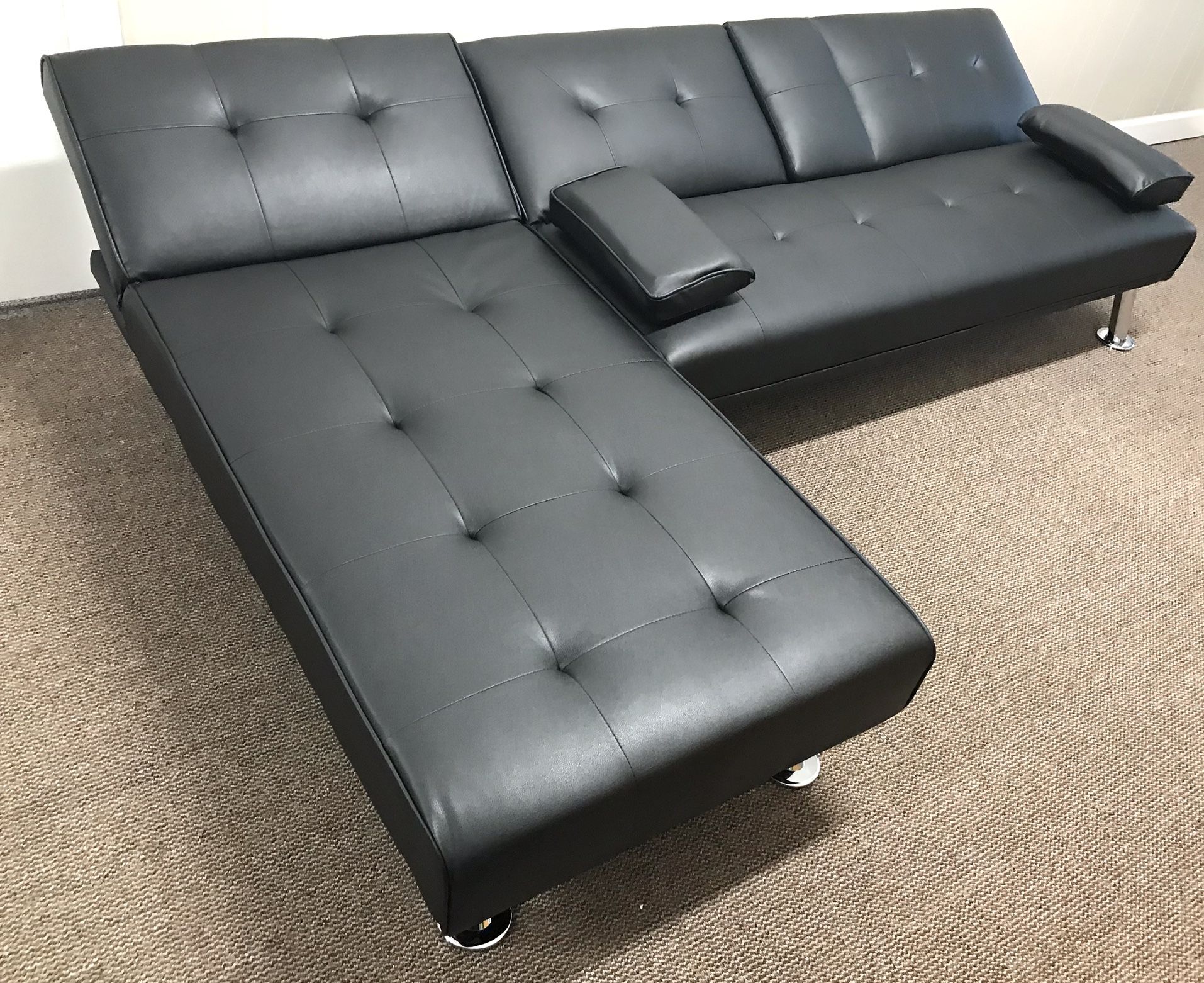 Nice!! Brand New! Black Leather Futon Sofa Sectional/ Bed Sleeper!! (Sectional Converts From Sofa Into Bed!)
