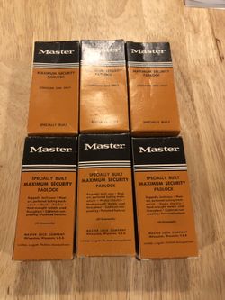 SET OF 6 KEYED ALIKE NEW OLD STOCK USA MADE SOLID STEEL MASTER LONG HASP PADLOCKS#%#%#%#