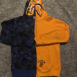 A Bathing Ape Tiger Shark Full Zip Fleece Hoodie Orange Blue Camouflage Men's