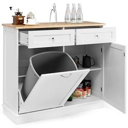 LOKO Tilt Out Trash Cabinet, Kitchen Trash Cabinet with 2 Drawers & Adjustable Shelf, Pet Proof Trash Can Cabinet with Rubber Wood Tabletop,