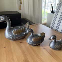 Antique Pewter And Brass Duck Trinket Box- Set Of 3 Made In Hong Kong