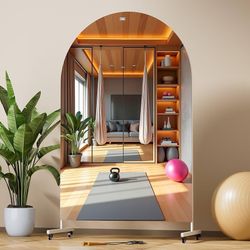 New And Well Packaged 67" x 40" Arched Rolling Home Gym Mirror with Wheels, 360° Swivel Body Mirror with HD Tempered Glass, Large Floor Mirror 