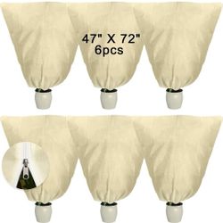 6 Pcs Plant / Tree Covers Freeze Protection 47 x 72 " Drawstring Zipper Design In White New 