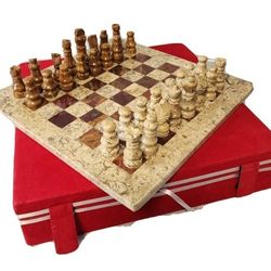 Marble Onyx Chess Set 12 inch Coral & Red Gift Box Case New