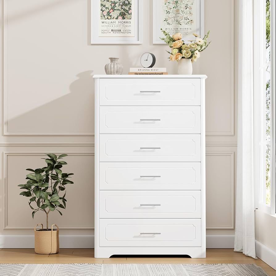 Tall Dresser for Bedroom, Modern White 6 Drawer Dresser for Closet, 31.5" Wide Wood Chest of Drawers, Vertical Chest Storage Cabinet for Living Room, 