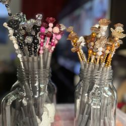 Black Pens With Flower And Random Beads Toppers