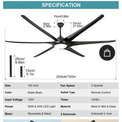 White 100 Ft Ceiling Fan W/LED  Lights. 