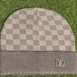 Grey and white checkered beanie