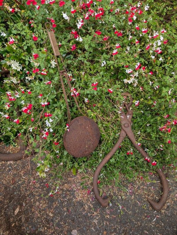 For Sale: Antique Historical Items. Sea Floor ANCHOR, ICE Hooks/giant Tongs, BED WARMER And Wagon Wheel
