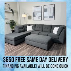 FREE DELIVERY Gray Sectional Couch Sofa With Ottoman Storage Grey