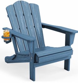 Folding Adirondack Chair, HDPE All-Weather Patio Chairs with Cup Holder, Wooden Textured Fire Pit Chairs for Poolside, Backyard, Deck, Navy