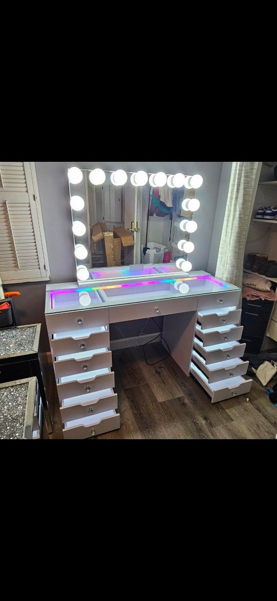 Brand New Vanity 13 Drawers W/ RGB & LED Light On Desk XL Hollywood Mirror $1599