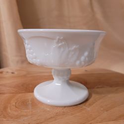 White Milk Glass Footed Dessert Bowl w/ Grape Embossing