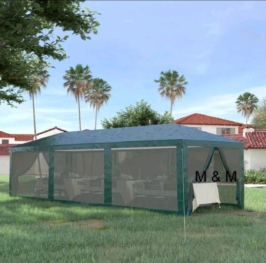 Outsunny 10' x 28' Party Tent Canopy, Outdoor Event Shelter Gazebo with 8 Removable Mesh Sidewalls, Zipper Doors, Steel Frame, Green