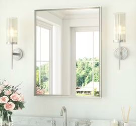 24 in. W x 32 in. H Rectangle Aluminum Framed Beveled Bathroom Vanity Mirror Over Sink in Brushed Nickel Bathroom Mirror
