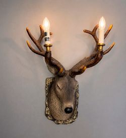 Hand Carved Deer Head Wall Sconce Rustic Buck Antler Lamp Lodge Decor 19.5”