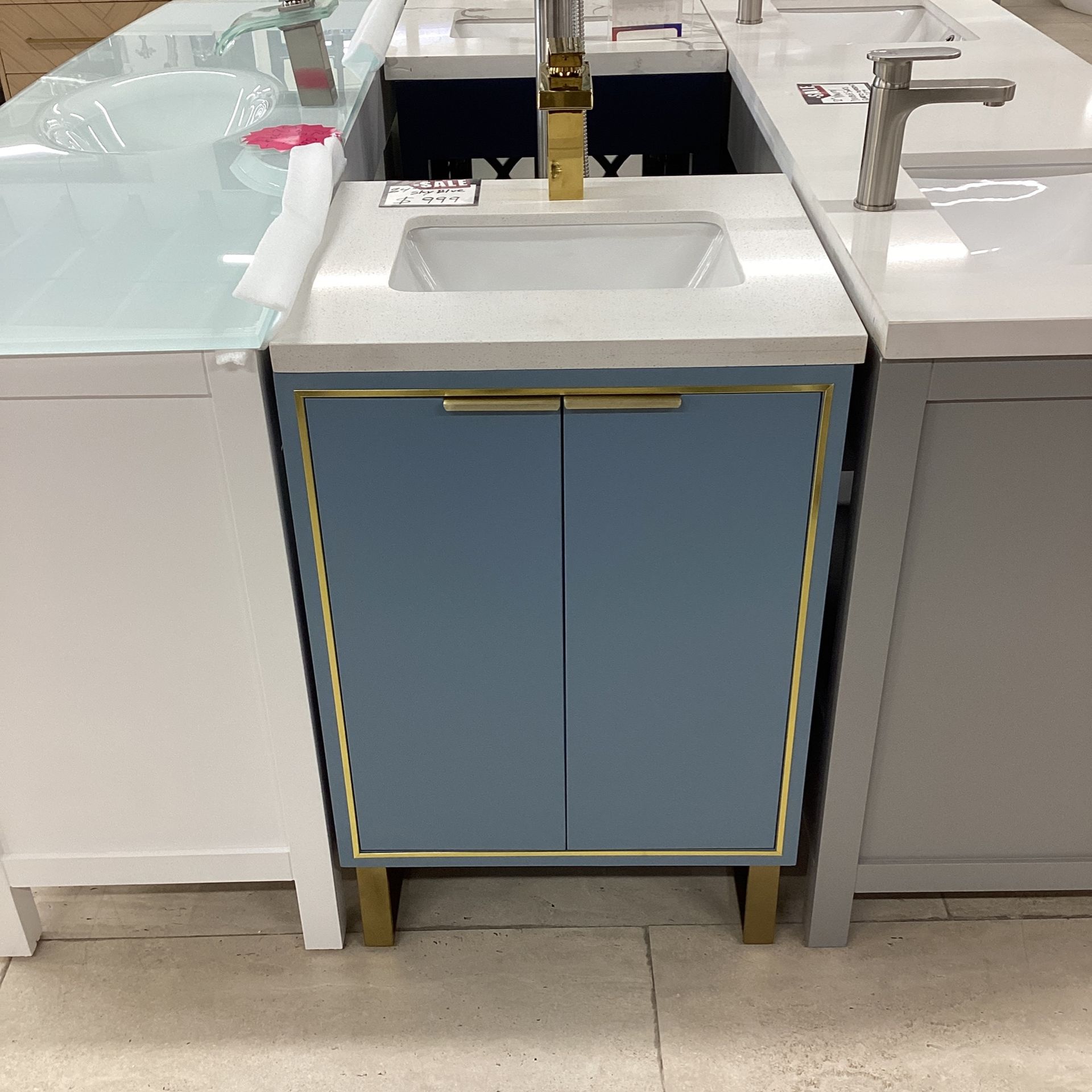 24” Sky Blue Bathroom Vanity Stone Countertop Ceramic Sink Solid Wood Fully Assembled Available Today!!!