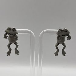 FROG EARRINGS 3D Vintage Pierced Post Signed JJ PEWTER