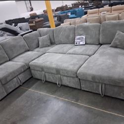4pcs Sectional Sofa w/sofa & chaise storage,pulloutbed & USB connection 