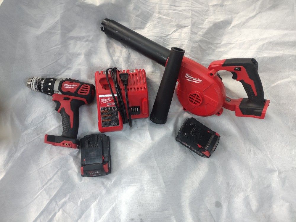 Milwaukee Drill And Compact Blower With Battery And Charger 