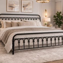 King Bed Metal Platform Bed Frame with Vintage Headboard and Footboard, Iron Arch with Ball Paint F