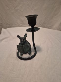 Cast Metal Mouse Reading Book Candleholder