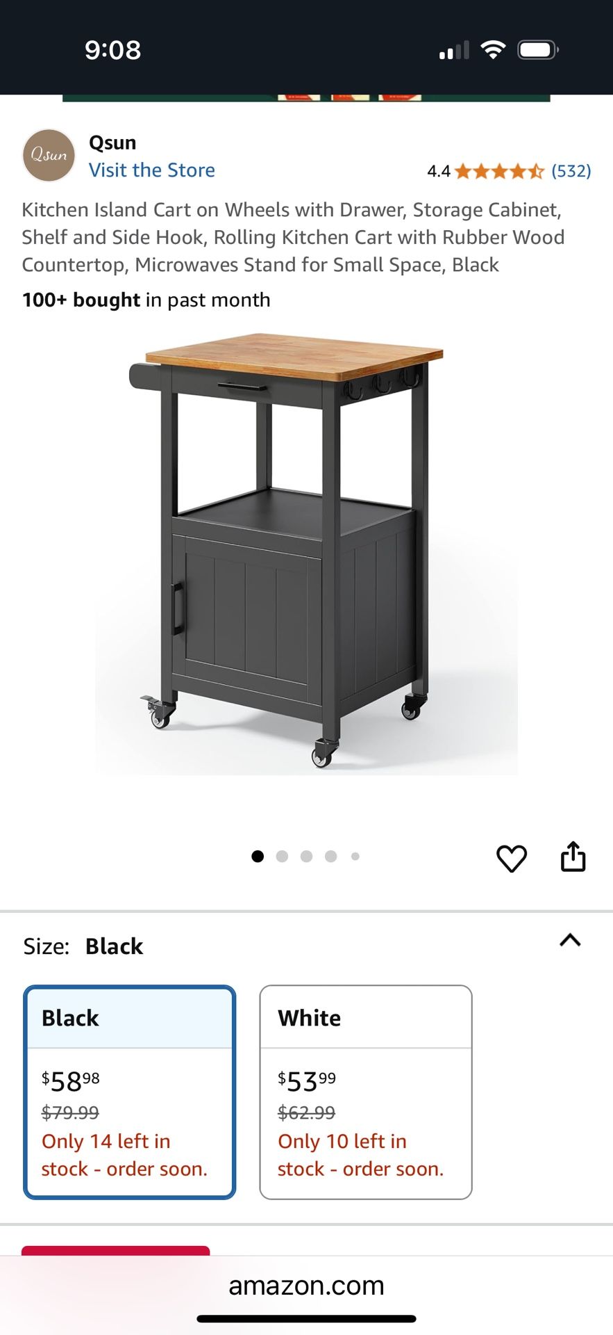Qsun Kitchen Island Cart on Wheels with Drawer, Storage Cabinet, Shelf and Side Hook, Rolling Kitchen Cart - New In Box