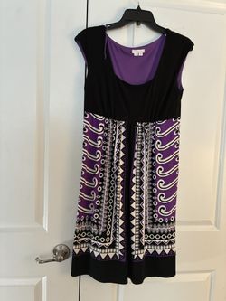 London Times Black and Purple Midi Dress Size 10