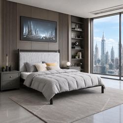 Queen Size Wood Platform Bed Frame with Gray Fluffy Soft Upholstered Headboard.
