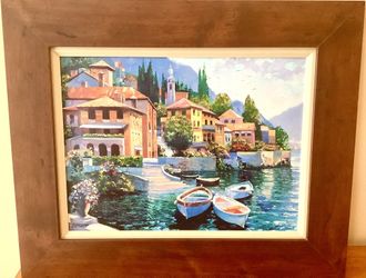 VTG  “LAKE COMO LANDING” BY HOWARD BEHRENS Signed Art Textured Reproduction