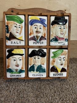 1940’s Vintage Toby Style Ceramic Spice Jar Set with Wood Shelf (1940s)