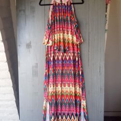 WOMEN'S SIZE 10 COLORFUL MAXI DRESS WITH GOLD CHAIN STRAPS 