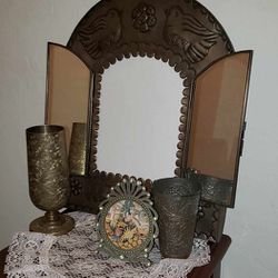 VINTAGE ORNATE STAMPED ETCHED BRASS WINE GLASS CHALICE CUP BIRD SPARROW FAUX WINDOW SHUTTER MIRROR ORIENTAL PICTURE FRAME