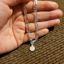 Italy 925 Solid Sterling Silver Figaro Link Bracelet w/ Saint Benedict Mini Charm for Women 6.5" Plata 925 Pulsera San Benito Para Dama 6.5"