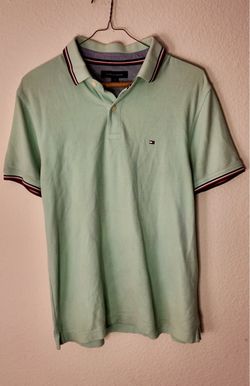 Sage Green Striped Collar Polo Shirt Preppy Casual Men's M