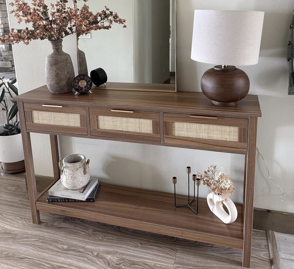 Rattan Console Table Boho Entryway Table Narrow Long Sofa Table Hallway Foyer Table Behind Couch Table with 3 Drawers and Open Storage Shelf for Livin