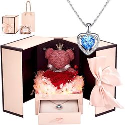 Preserved Rose Moss Bear with 925 Silver Heart Necklace - LED Light Gifts for Mom, Wife, Girlfriend on Valentine's Day, Mother's Day, Christmas, Birth
