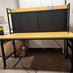 Adjustable Workbench with Pegboard, Heavy Duty Wood Top Work Bench with Wheels