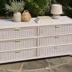 Rattan Style 6 Drawer Dresser / TV Stand – Coastal Light Wood