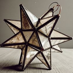 Vintage Moravian Star Pendant Light Mercury Glass 12” Iron Frame Plug In Moroccan Old World Mexico