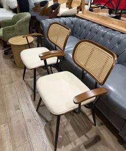Chairs Set of 2,Mid Century Modern Kitchen Side Chairs,Metal Legs Desk Chairs,Faux Leather Accent Chairs with Arms and Rattan Backrest