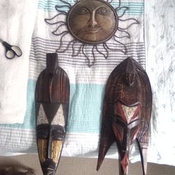 2 African Mask 1 Hand Crafted Sun
