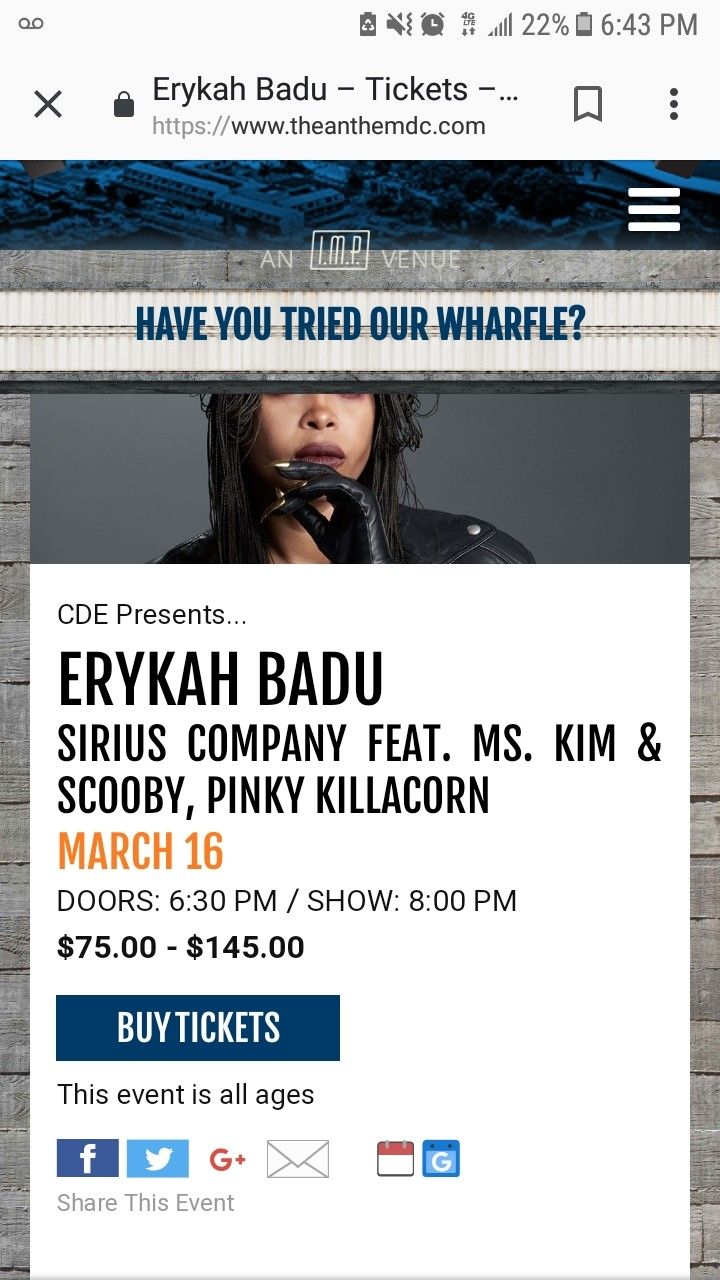 Erykah Badu tickets tonight @ THE Anthem in Washington DC