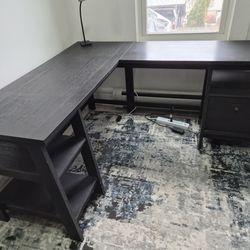 Sauder Trestle L-Desk — Dark Charcoal, File Drawer + Shelves, Lamp