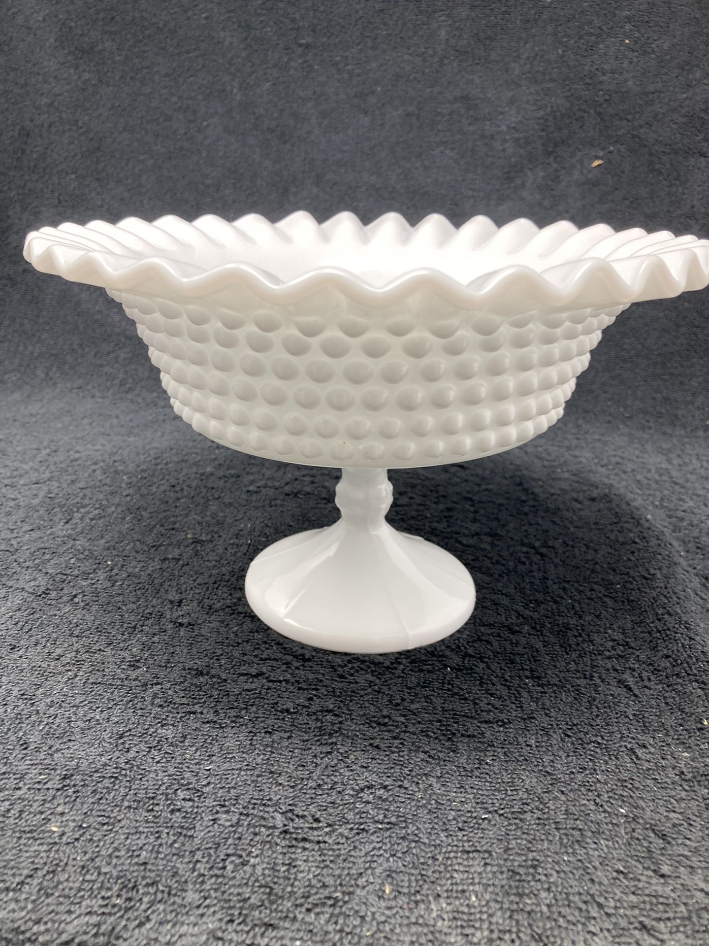 Fenton Milk Glass Hobnail Ruffled Edge Footed Bowl