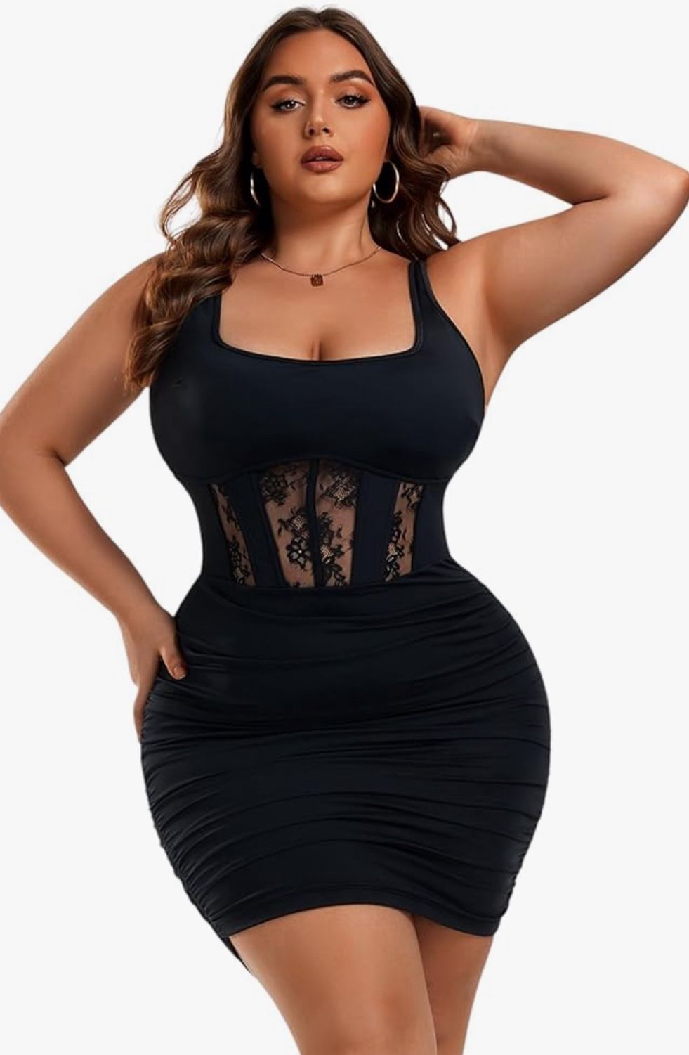 2XL Black Women’s Plus Size Sexy Ruched Bodycon Dress Sleeveless Square Neck Club Party Dress