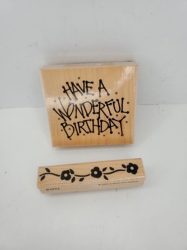 2~Vtg. 1994 & 1997 Printworks Wood Rubber Stamps Birthday & Floral Border 