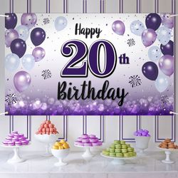 LASKYER Happy 20th Birthday Decorations,20th Purple Balloon Large Birthday Banner Backdrop Sign,Cheers To Twenty Years Old Bday Party Supplies.