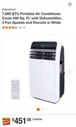 7,800 BTU Portable Air Conditioner Cools 400 Sq. Ft. with Dehumidifier, 3 Fan Speeds and Remote in White