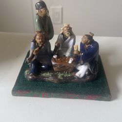 Chinese Stoneware CHINESE GLAZED STONEWARE STATUE FIGURINE OLD MEN PLAYING MAHJONG